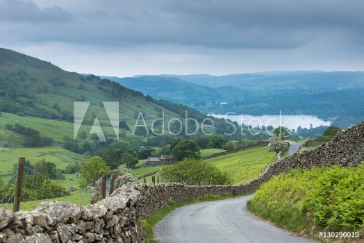 Picture of Lake District England - May 30 2012 Rural road with stone walls on the side meanders through the landscape Shot from above shows lake downhill Green meadows forests and ferns
